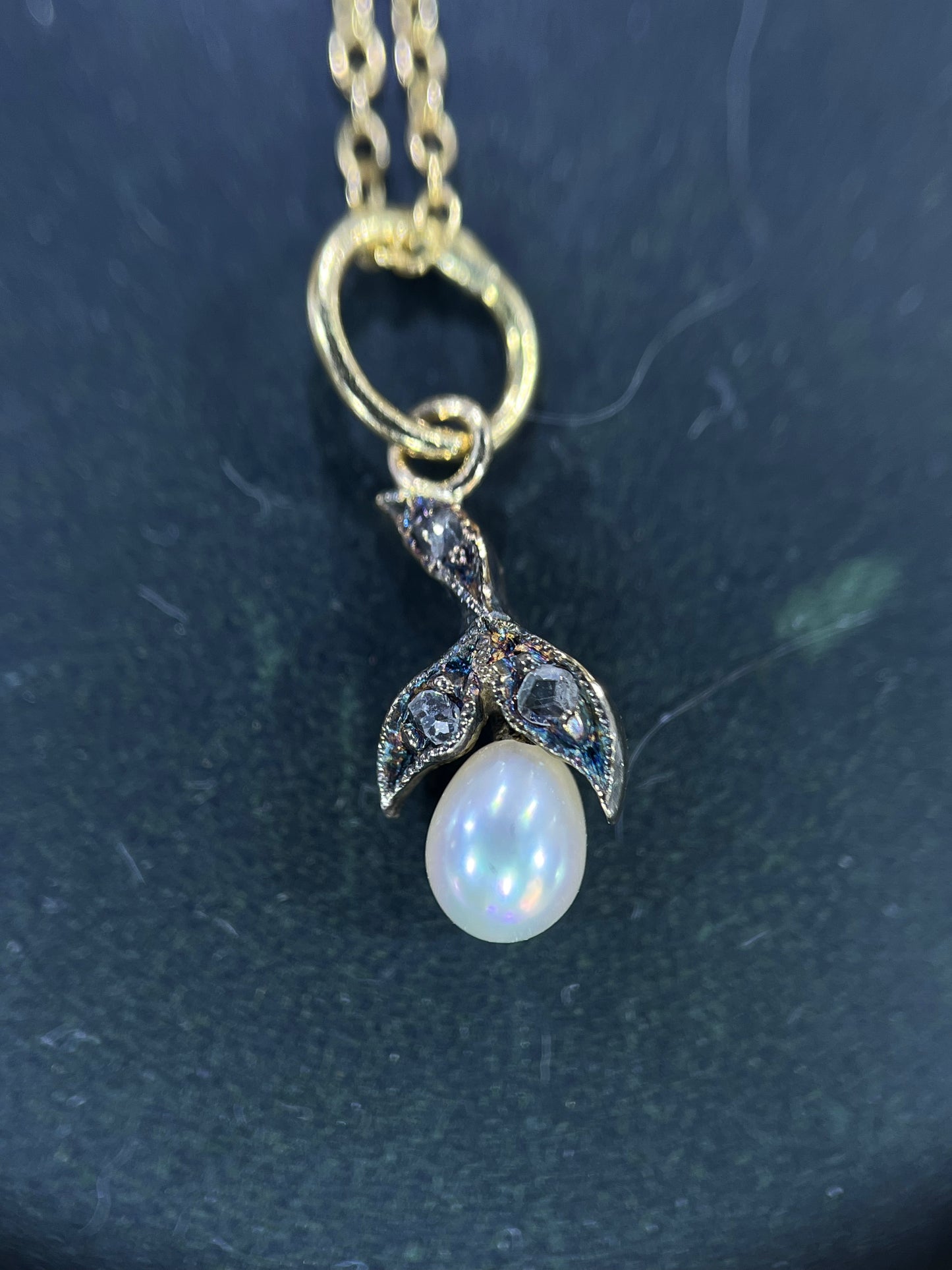 Antique Rose Cut Diamond and Untested Pearl Charm in 10K and 18K with Sterling
