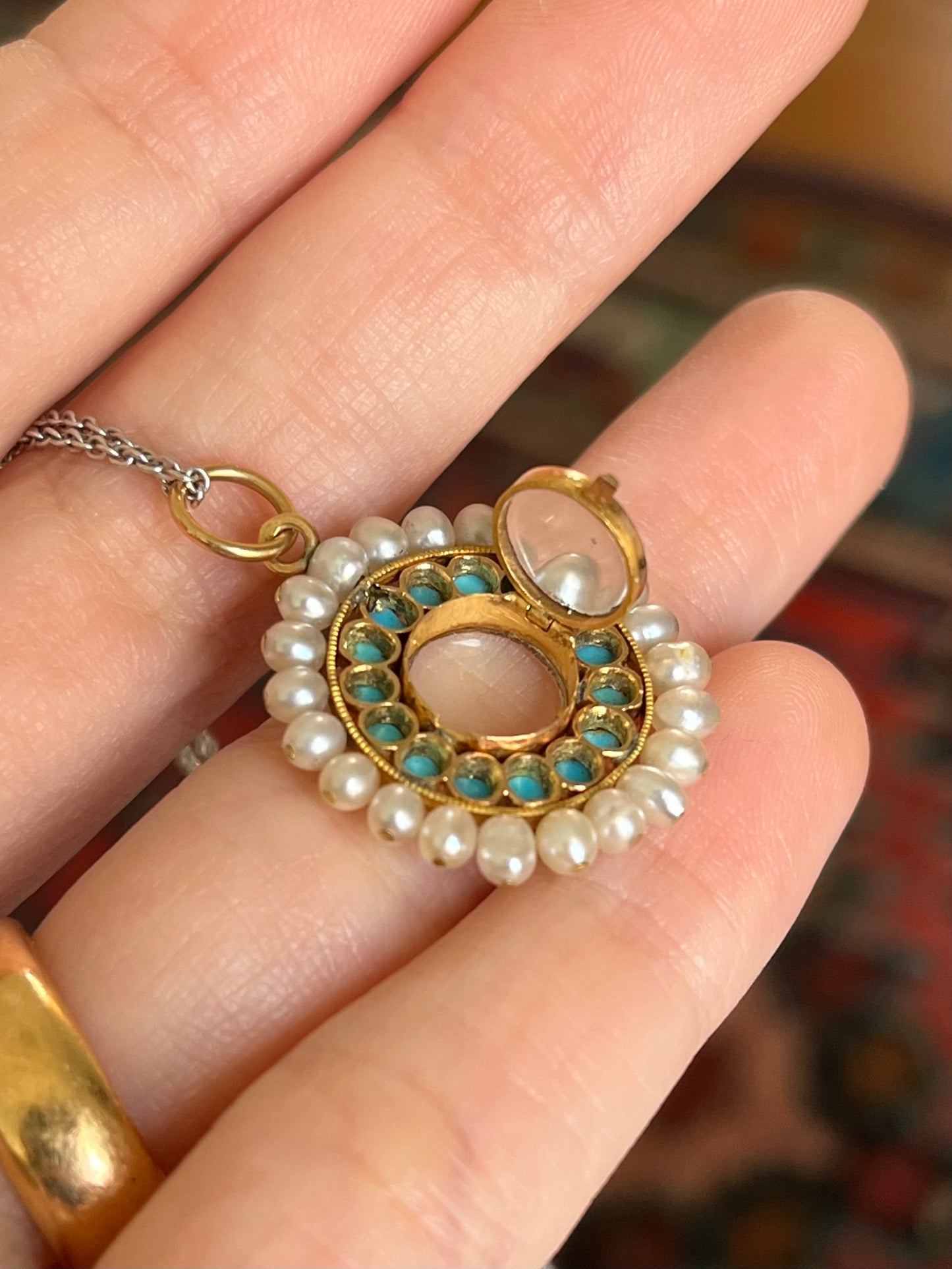 French Antique Georgian Locket with Turquoise, Natural Pearls in 15K Gold