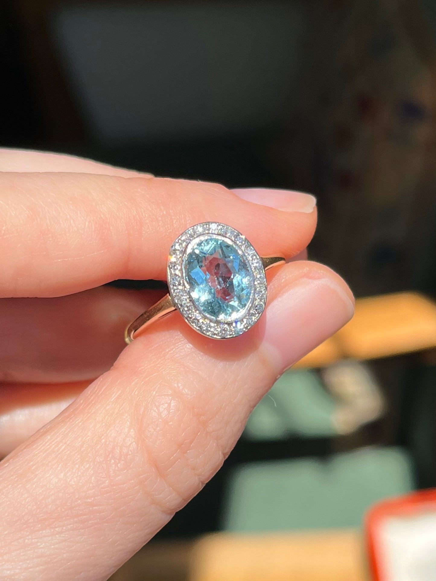 Vintage Aquamarine and Diamond Halo Ring in 14K and Platinum