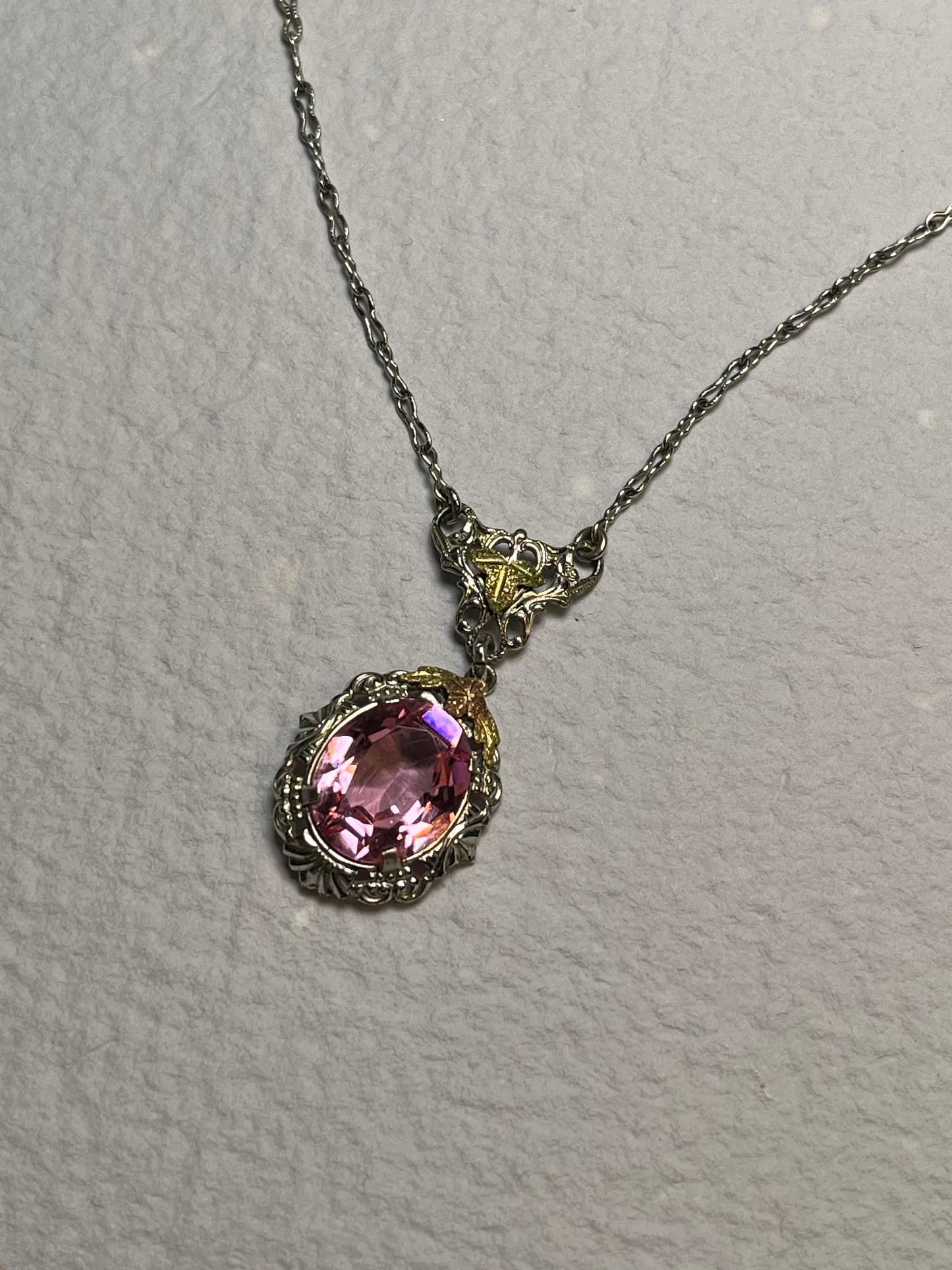 Art Deco White Gold Filled Pink Paste Necklace, Dead Stock