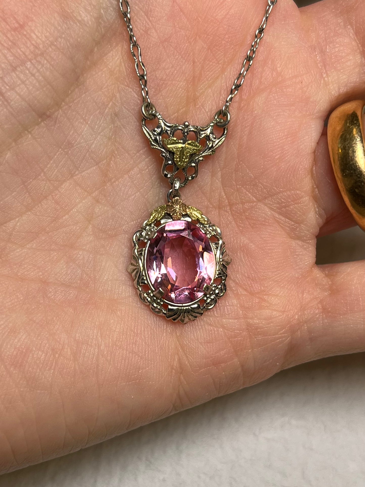 Art Deco White Gold Filled Pink Paste Necklace, Dead Stock