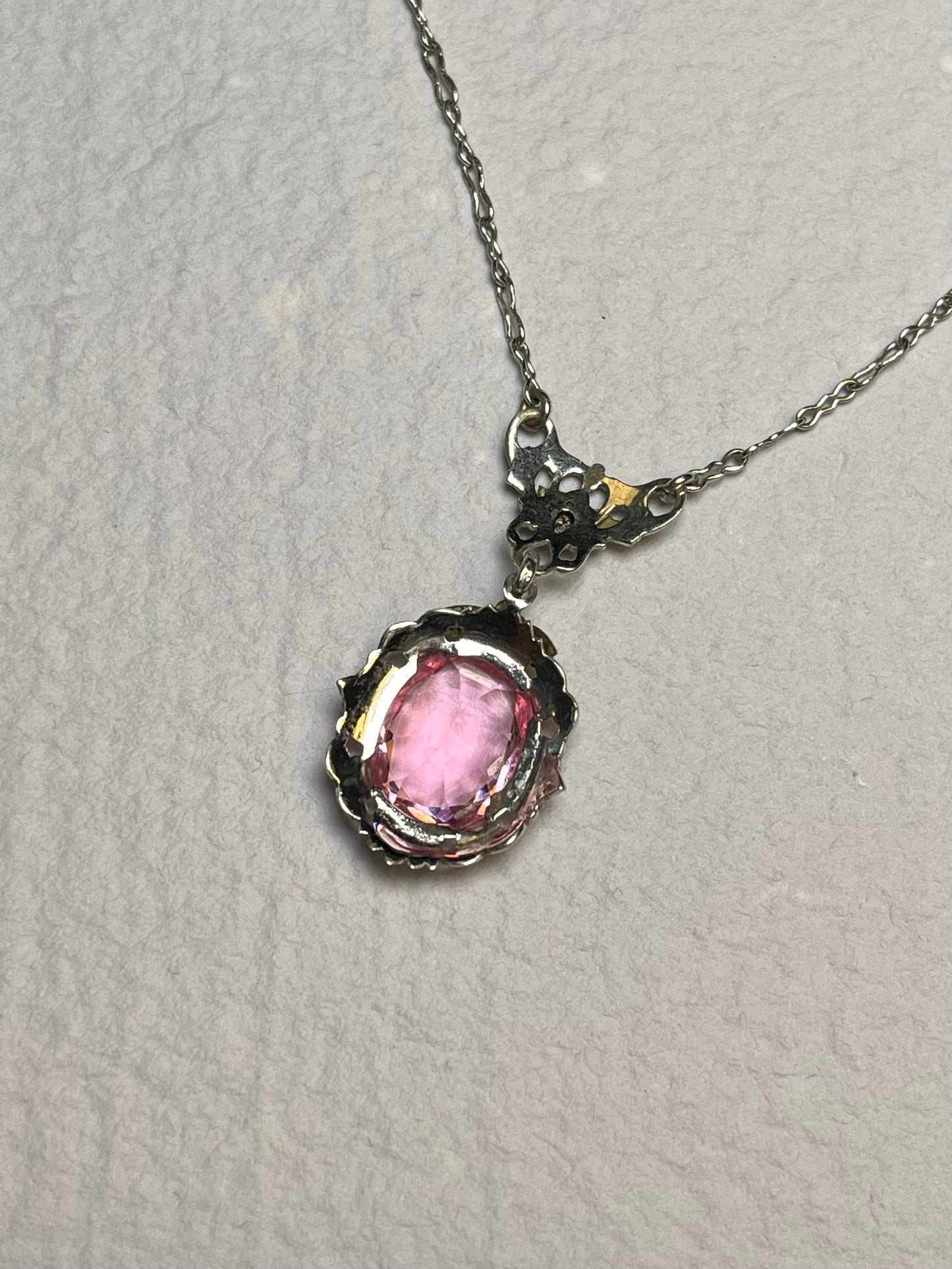 Art Deco White Gold Filled Pink Paste Necklace, Dead Stock