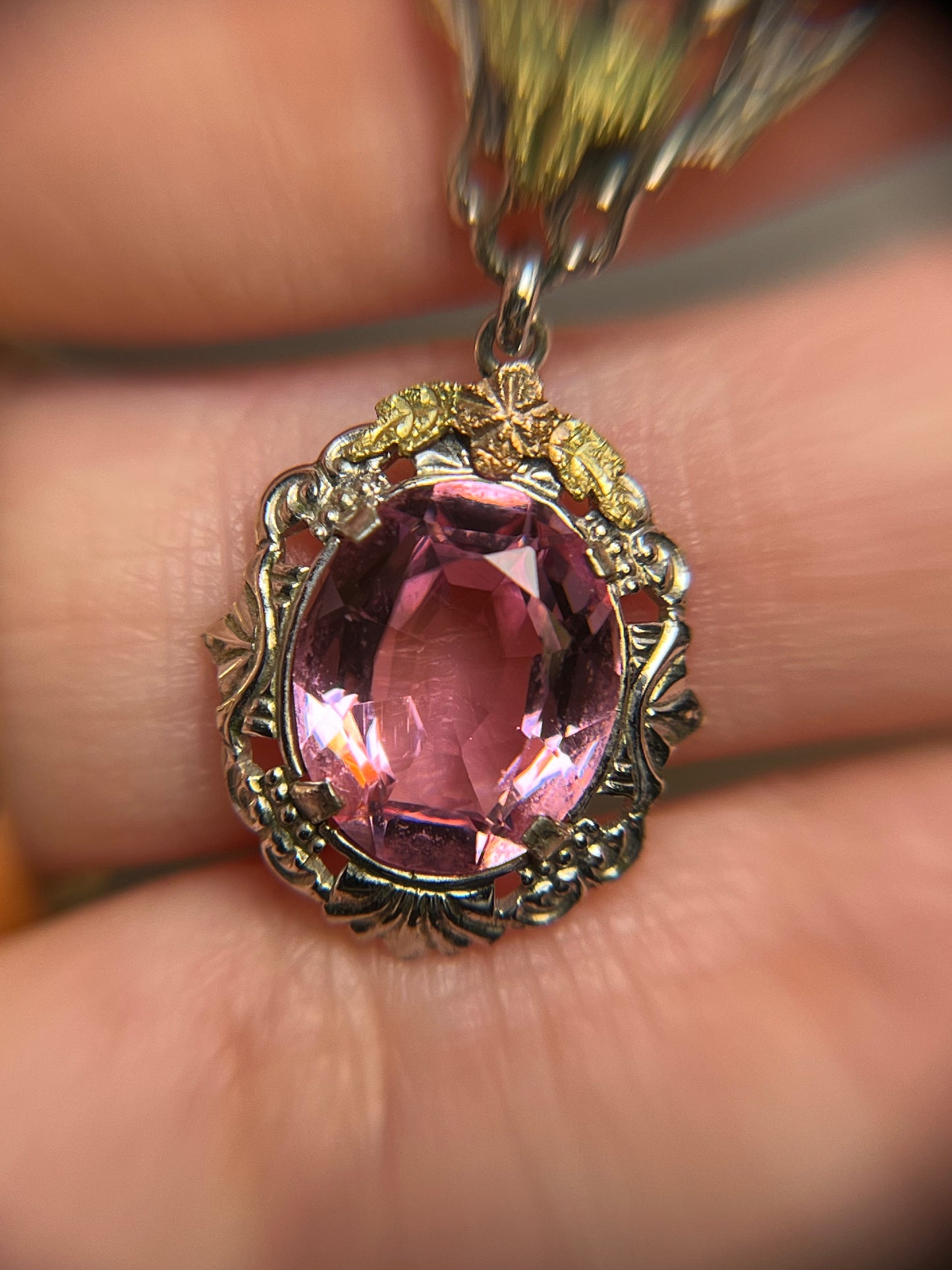 Art Deco White Gold Filled Pink Paste Necklace, Dead Stock