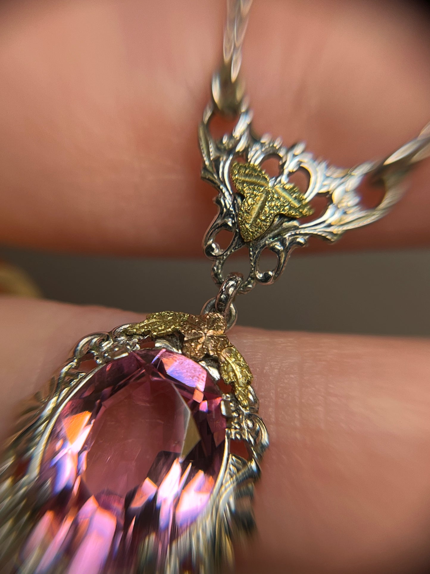 Art Deco White Gold Filled Pink Paste Necklace, Dead Stock