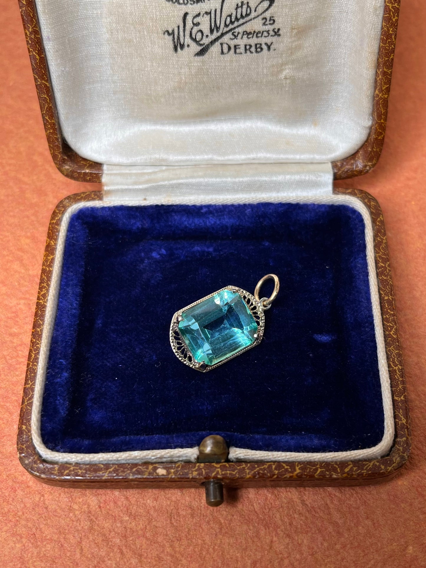Art Deco 10K White Gold Filigree and Aqua Paste Pendant