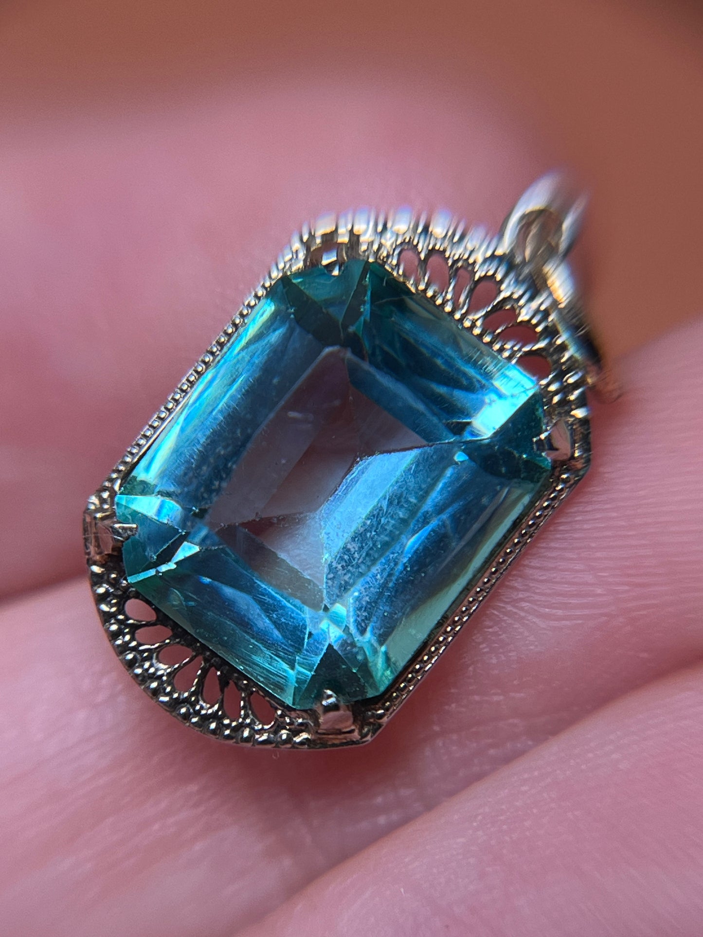 Art Deco 10K White Gold Filigree and Aqua Paste Pendant
