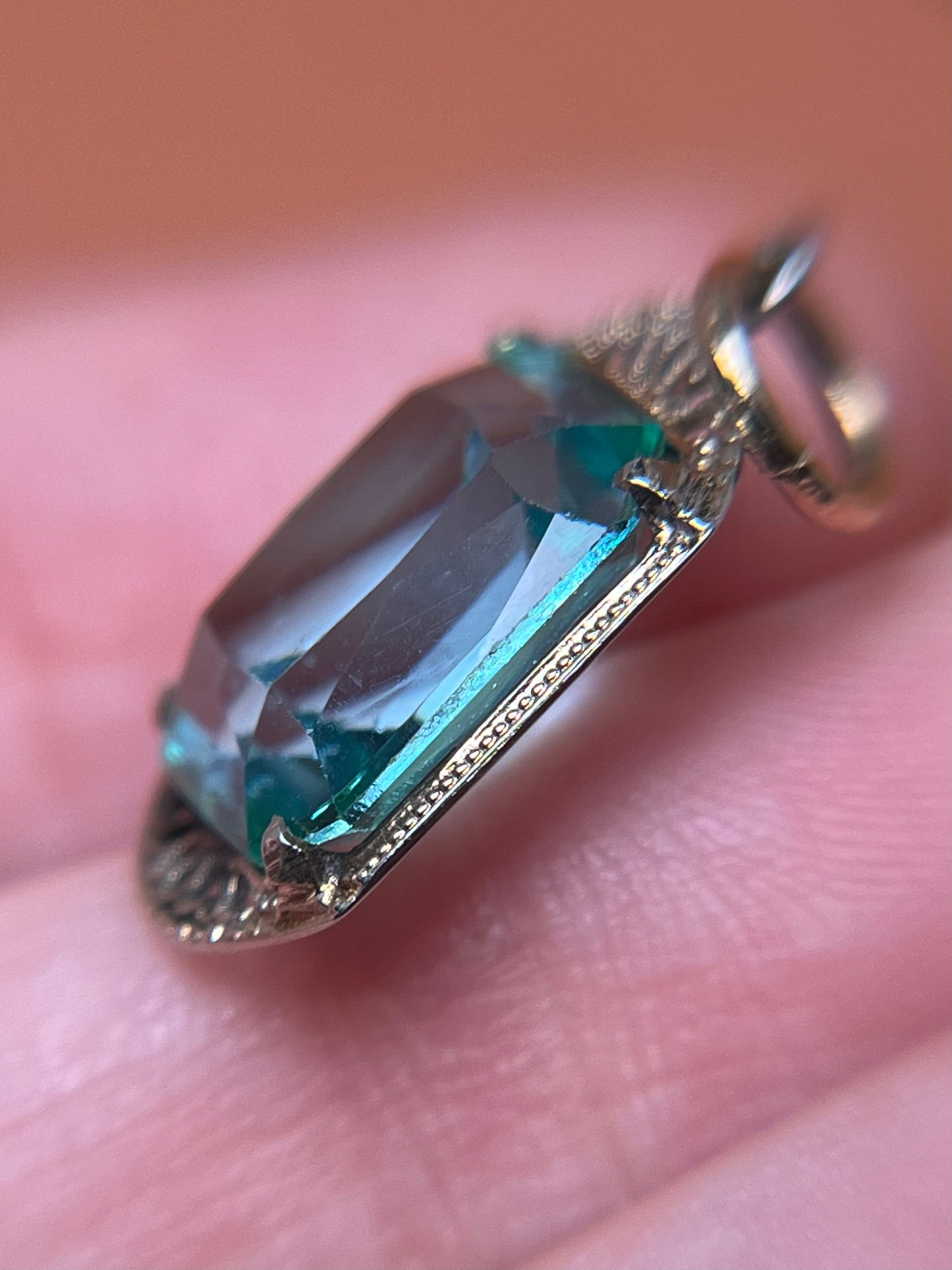 Art Deco 10K White Gold Filigree and Aqua Paste Pendant