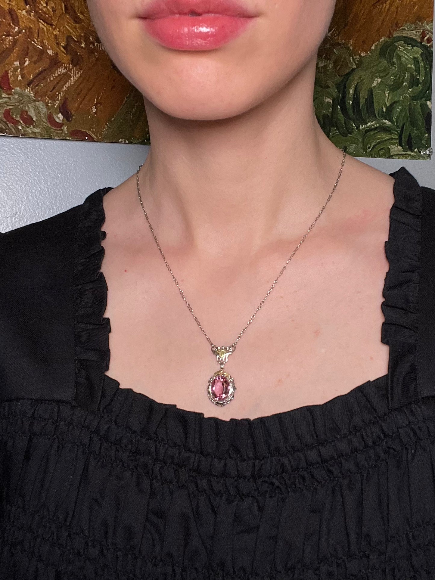 Art Deco White Gold Filled Pink Paste Necklace, Dead Stock