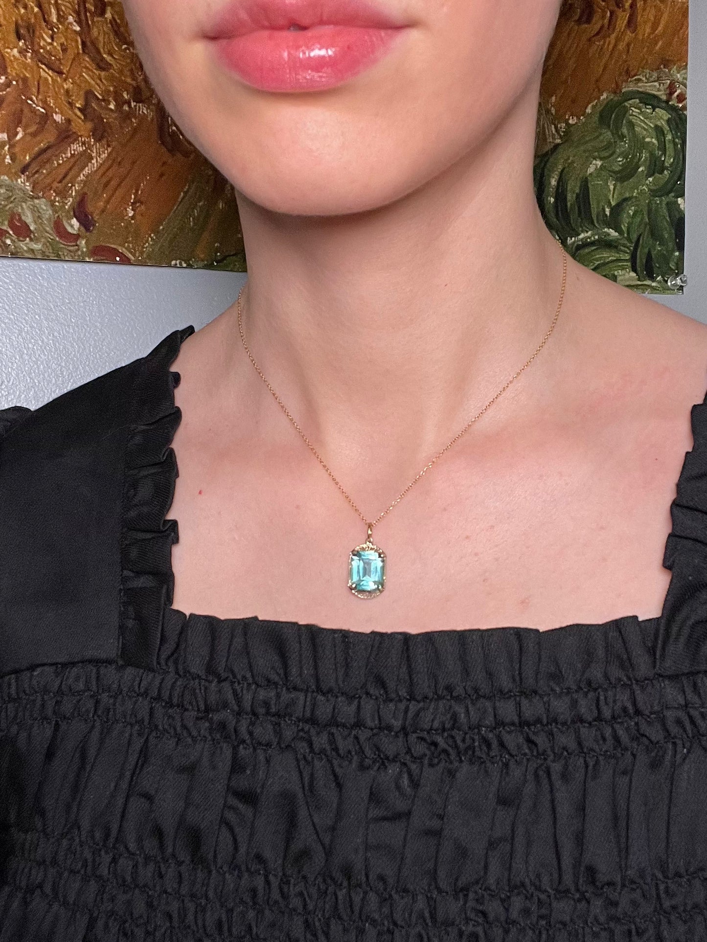Art Deco 10K White Gold Filigree and Aqua Paste Pendant