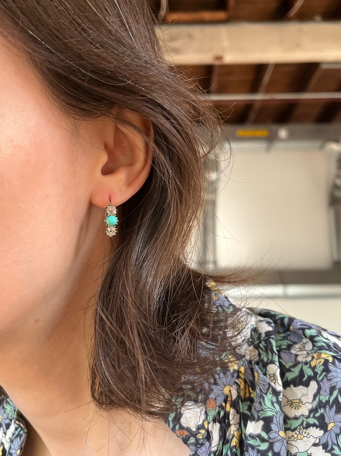Georgian Collet Poissarde Hoop Earrings with Old Mine Cut Diamonds and Turquoise
