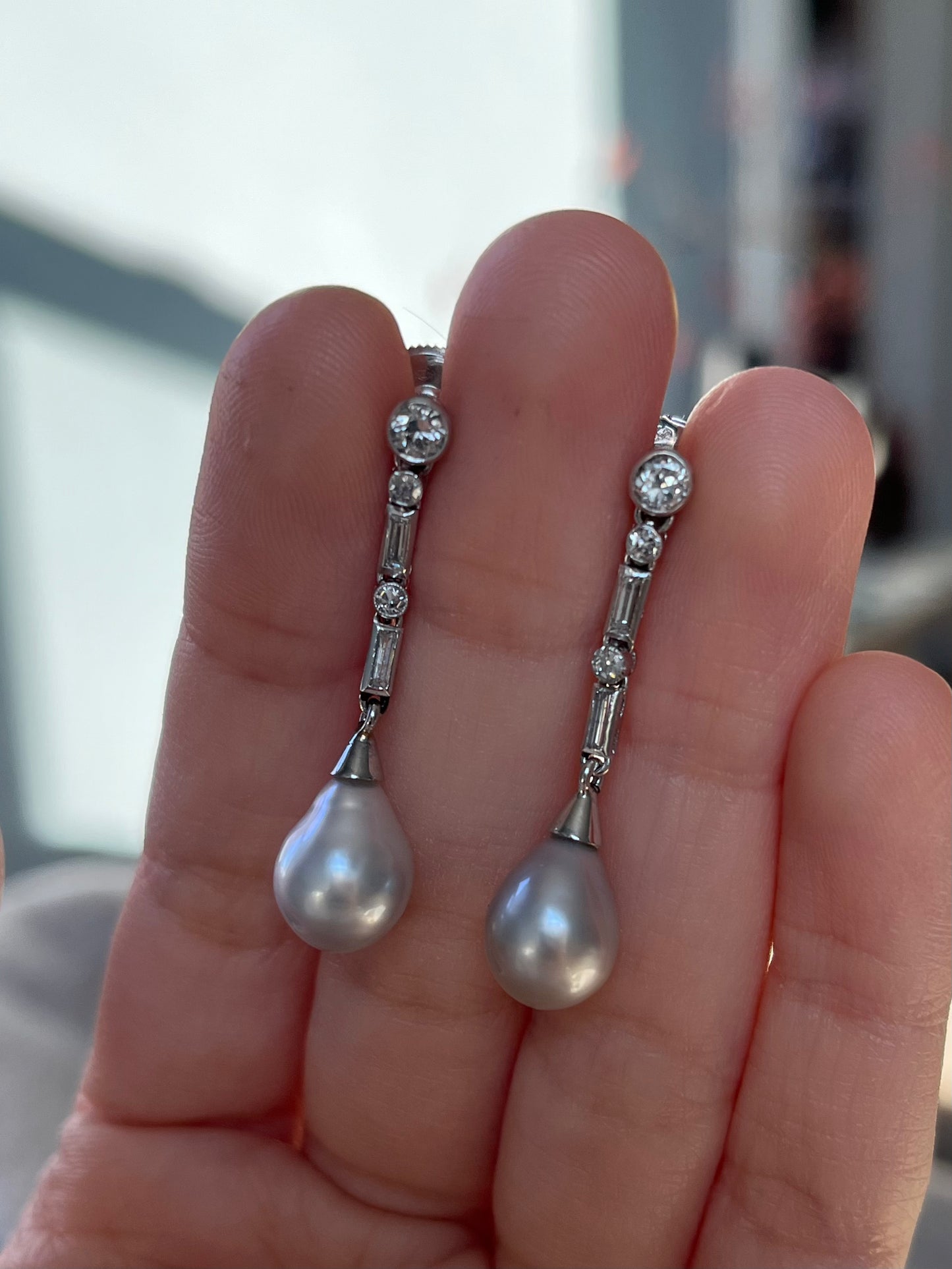 Art Deco Platinum, Pearl and Diamond Drop Earrings
