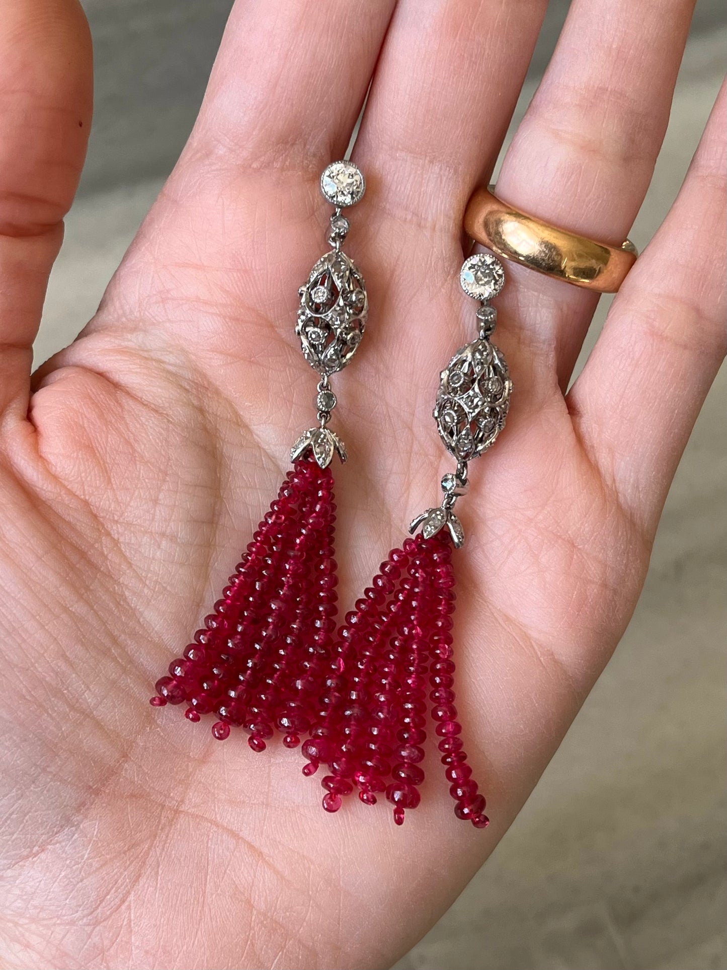 Diamond, Platinum and Spinel Tassel Earrings