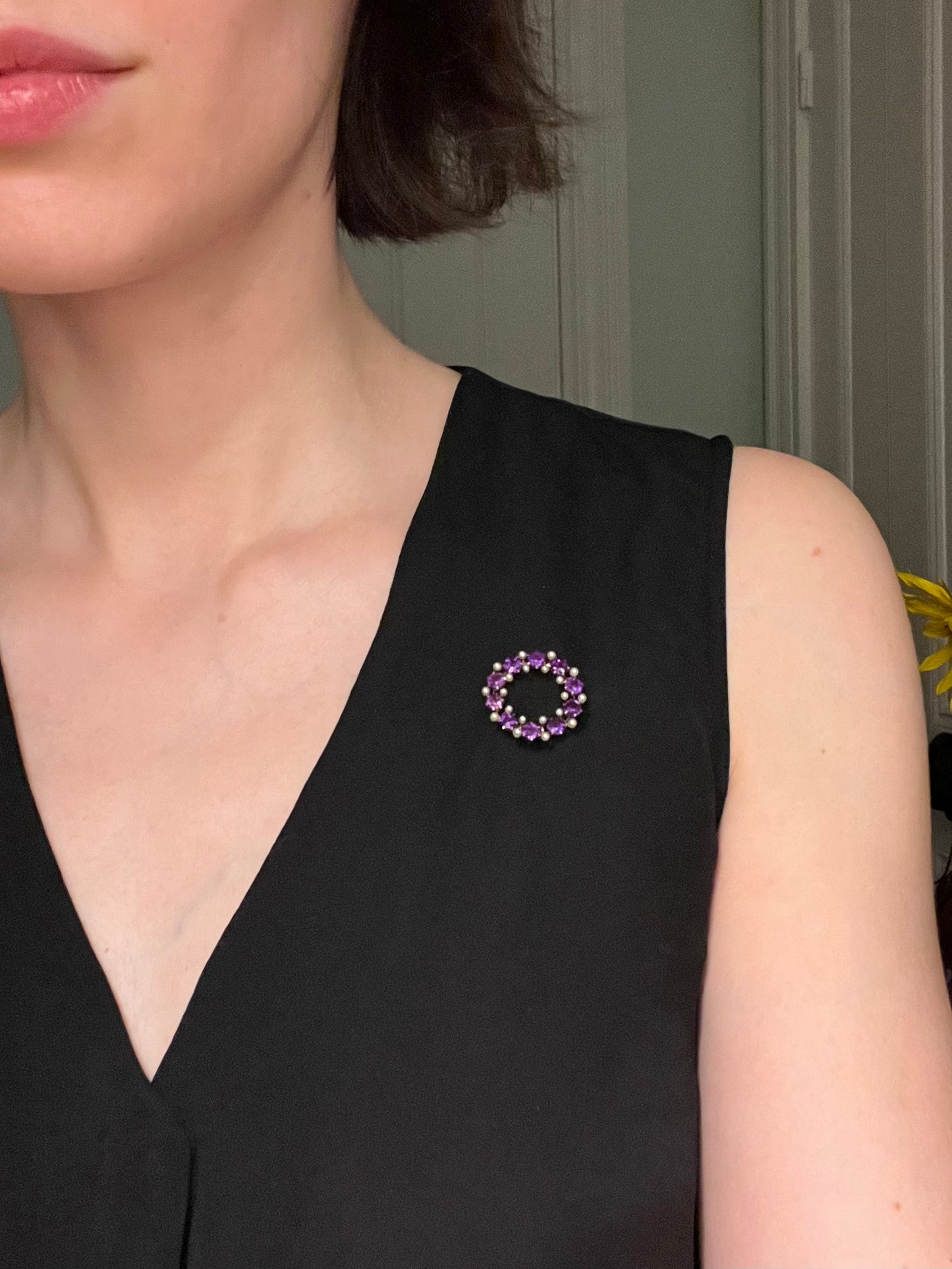 Antique 14K, Amethyst and Seed Pearl Wreath Brooch