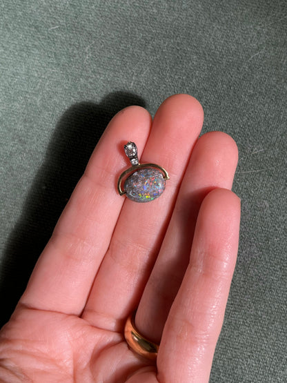 14K and Sterling Antique Pendant with Boulder Opal Bead and Old Cut Diamond Bail