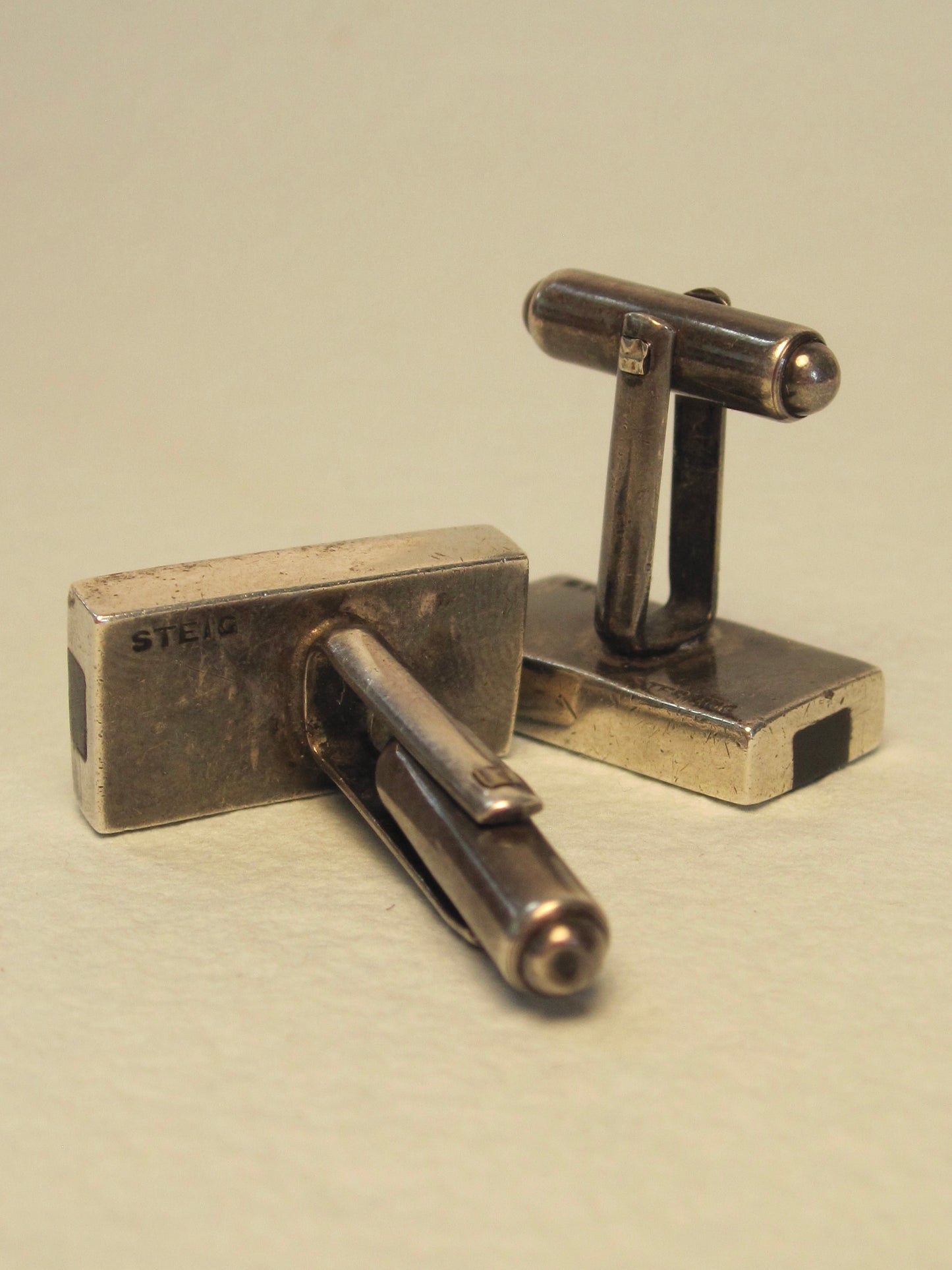 Vintage Sterling Silver Modernist Cufflinks with Ebony Inlay, Signed Henry Steig