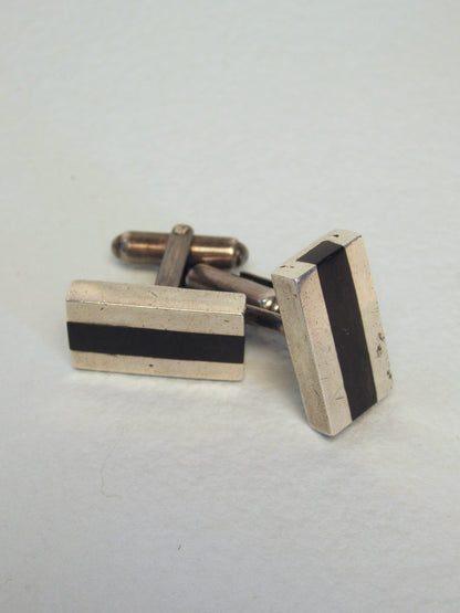 Vintage Sterling Silver Modernist Cufflinks with Ebony Inlay, Signed Henry Steig