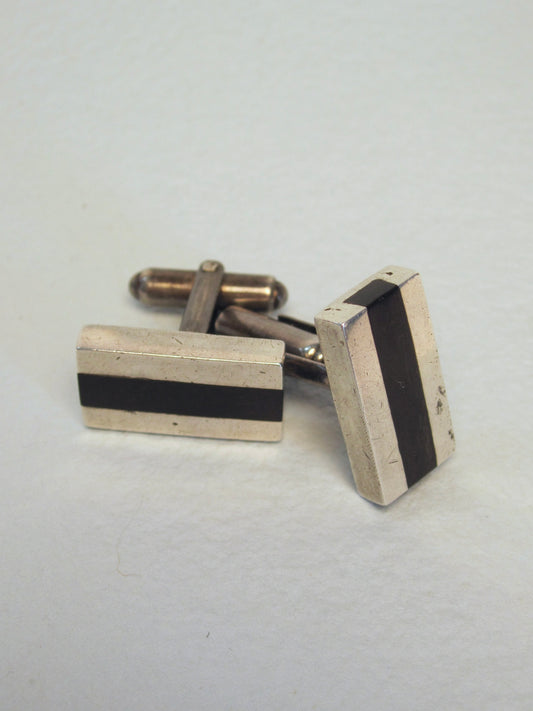 Vintage Sterling Silver Modernist Cufflinks with Ebony Inlay, Signed Henry Steig