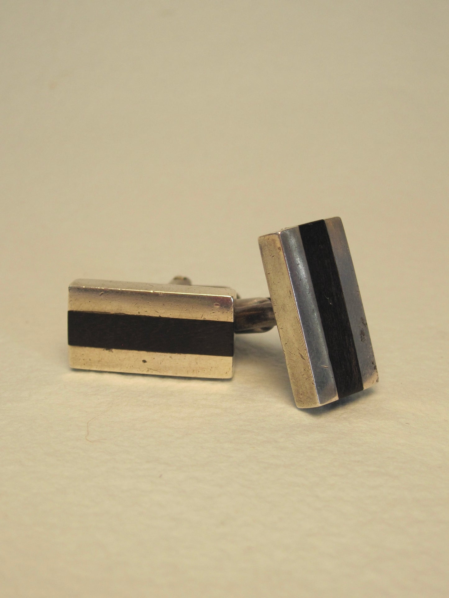 Vintage Sterling Silver Modernist Cufflinks with Ebony Inlay, Signed Henry Steig
