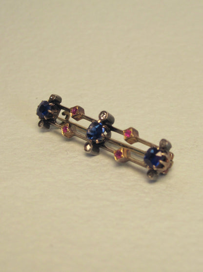 Antique Blue Doublet, Ruby and Diamond Brooch