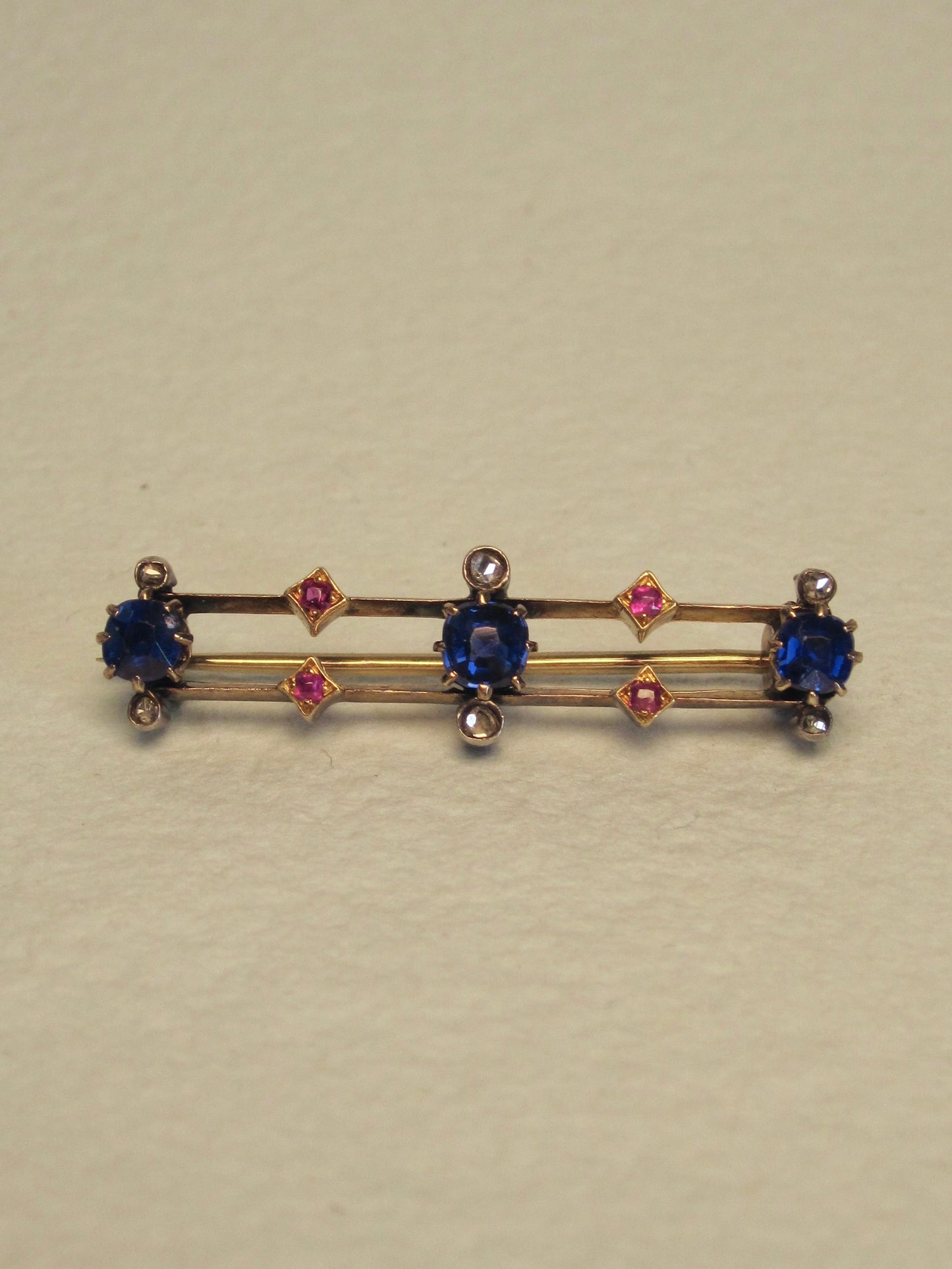 Antique Blue Doublet, Ruby and Diamond Brooch