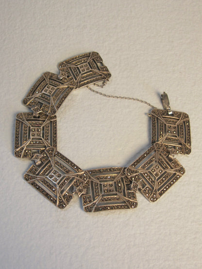 Antique Art Deco Sterling and Marcasite Panel Bracelet