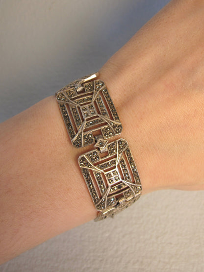 Antique Art Deco Sterling and Marcasite Panel Bracelet