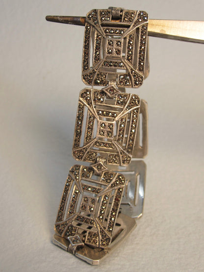 Antique Art Deco Sterling and Marcasite Panel Bracelet