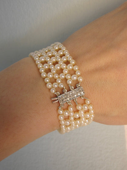 Retro-Era Woven Cultured Pearl Bracelet with 9K White Gold Clasp, ~0.50ctw Diamonds