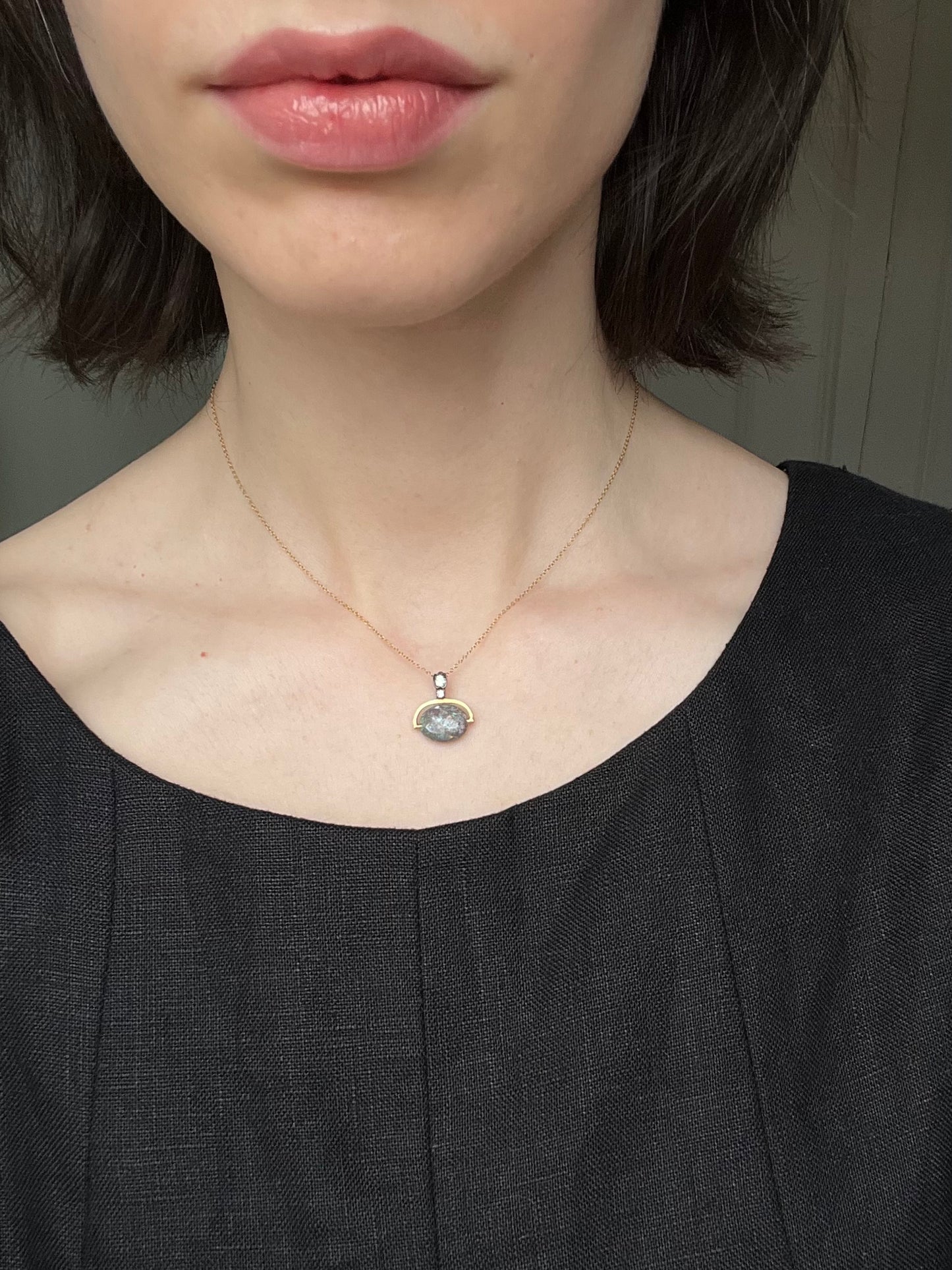 14K and Sterling Antique Pendant with Boulder Opal Bead and Old Cut Diamond Bail