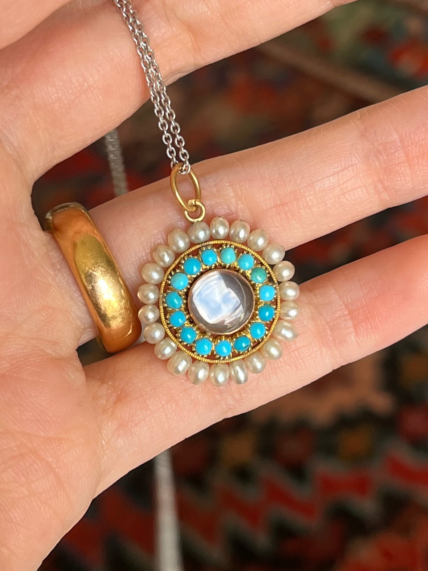 French Antique Georgian Locket with Turquoise, Natural Pearls in 15K Gold