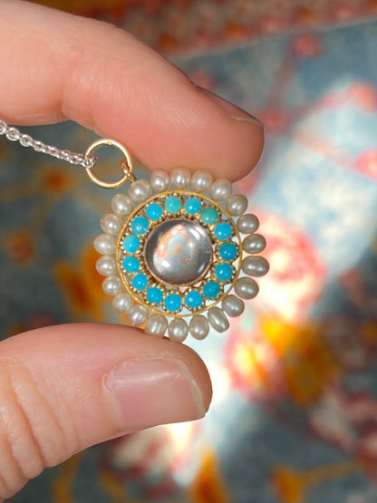 French Antique Georgian Locket with Turquoise, Natural Pearls in 15K Gold