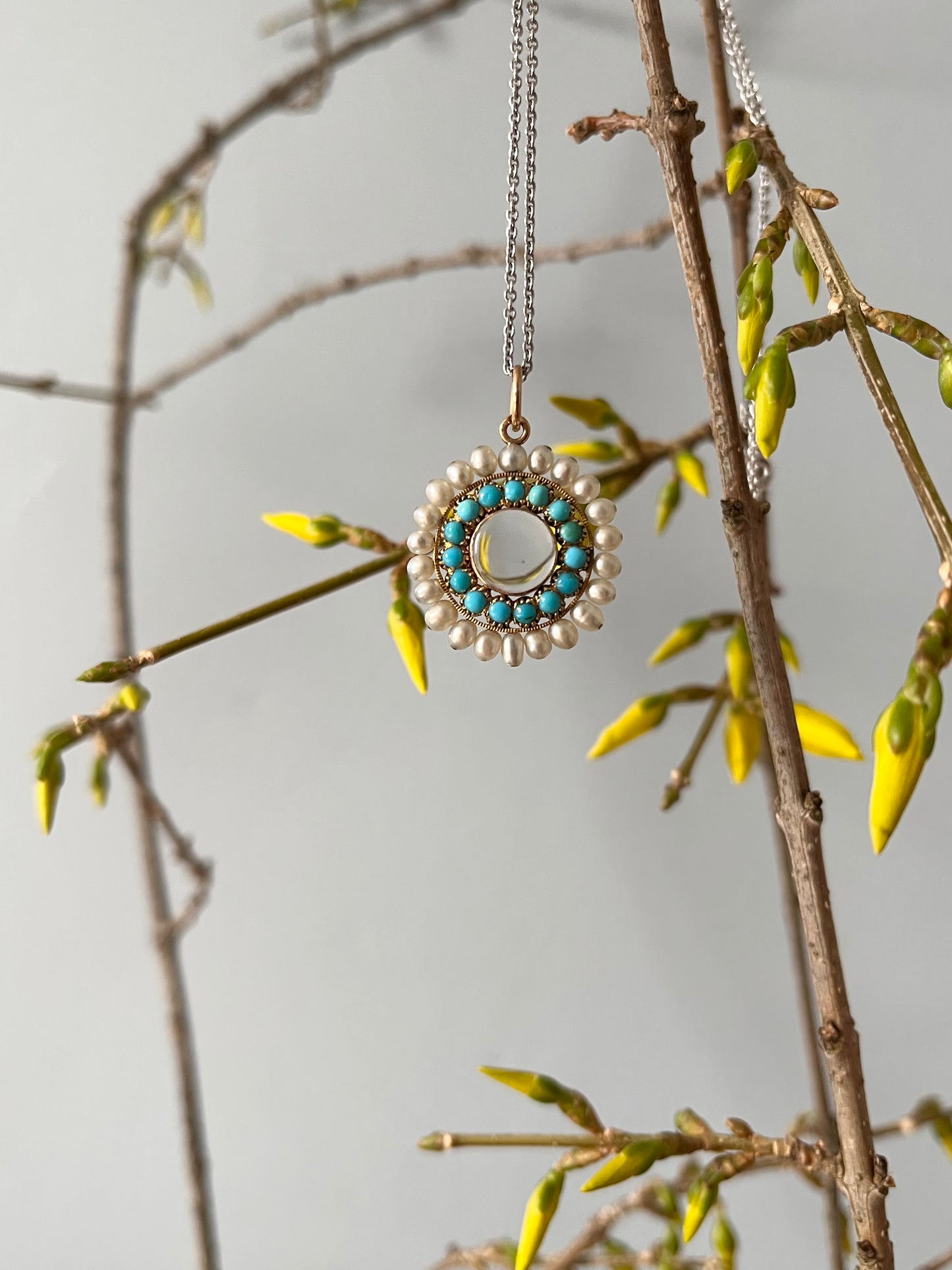 French Antique Georgian Locket with Turquoise, Natural Pearls in 15K Gold