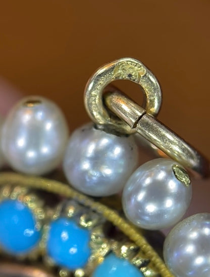 French Antique Georgian Locket with Turquoise, Natural Pearls in 15K Gold