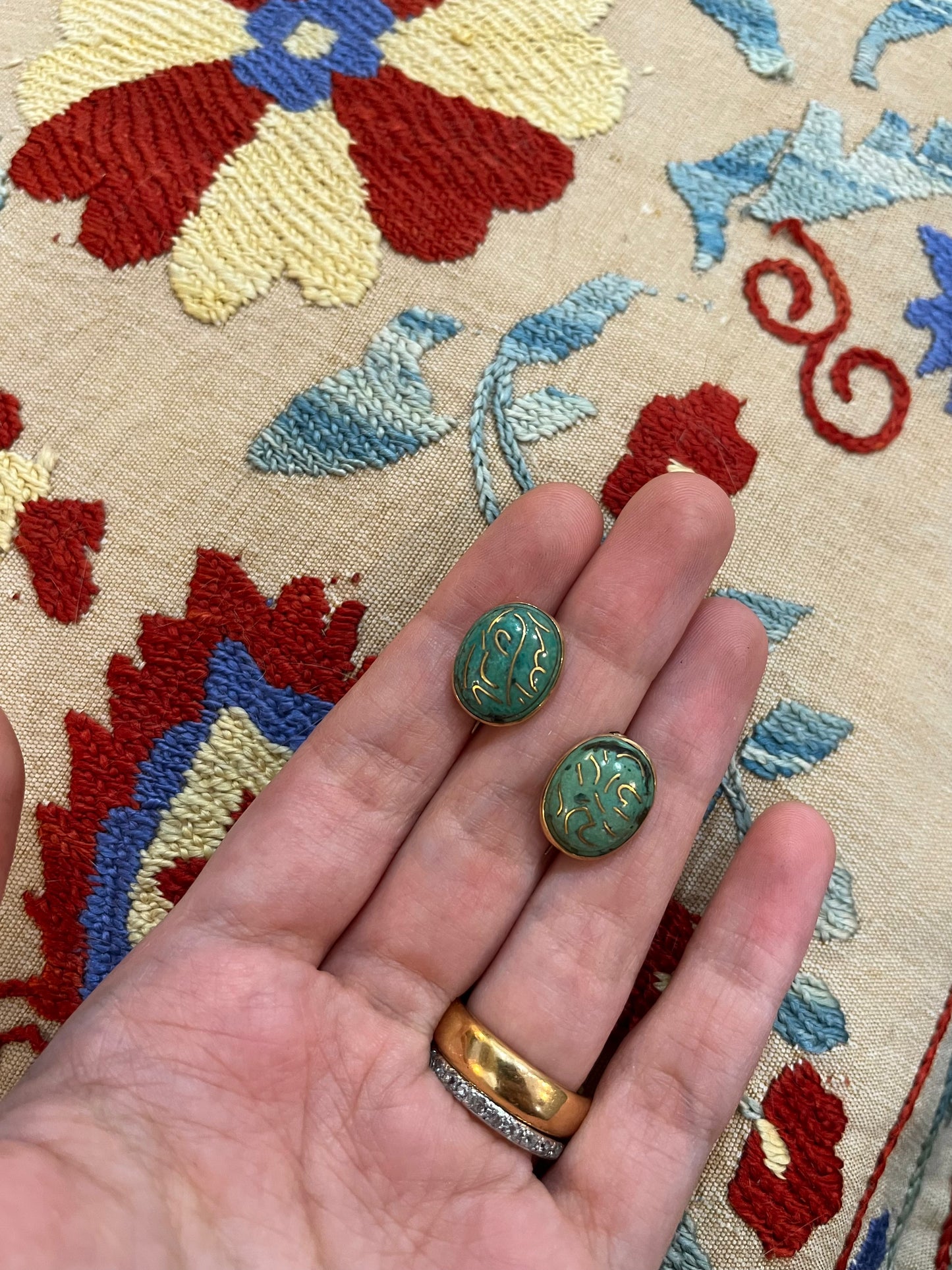 Antique Pair of Turquoise And Gold Inlay Brooches