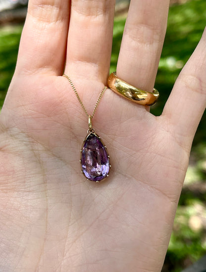 Chipped Georgian foiled-back amethyst teardrop pendant in cut down collet setting