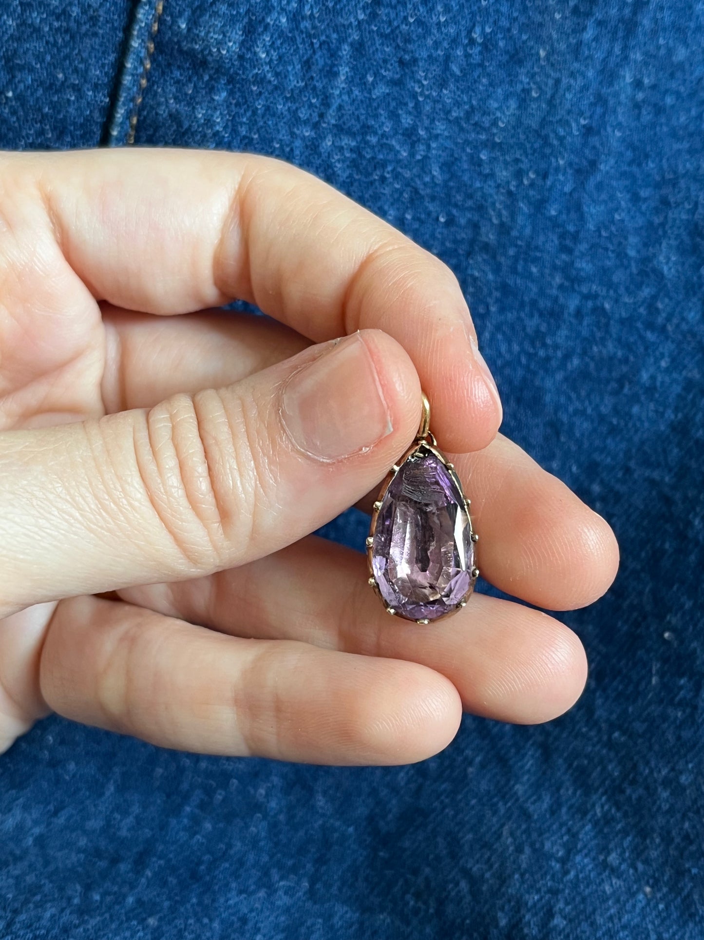 Chipped Georgian foiled-back amethyst teardrop pendant in cut down collet setting