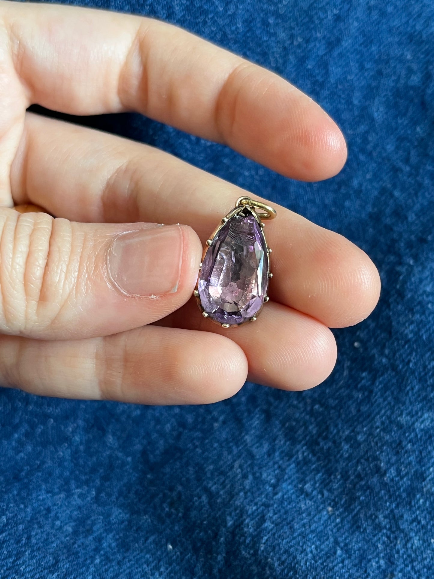 Chipped Georgian foiled-back amethyst teardrop pendant in cut down collet setting