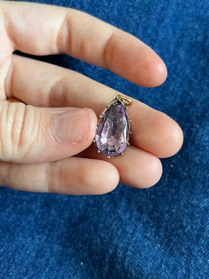 Chipped Georgian foiled-back amethyst teardrop pendant in cut down collet setting