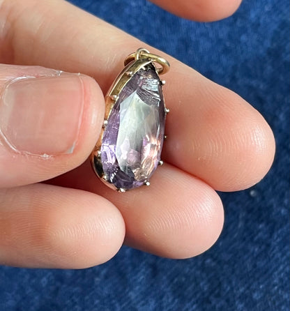 Chipped Georgian foiled-back amethyst teardrop pendant in cut down collet setting