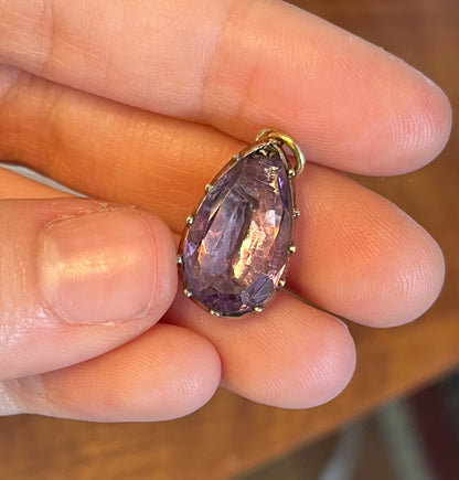 Chipped Georgian foiled-back amethyst teardrop pendant in cut down collet setting