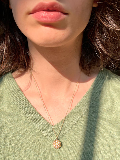 Natural Pearl and Old Cut Diamond Cluster Pendant