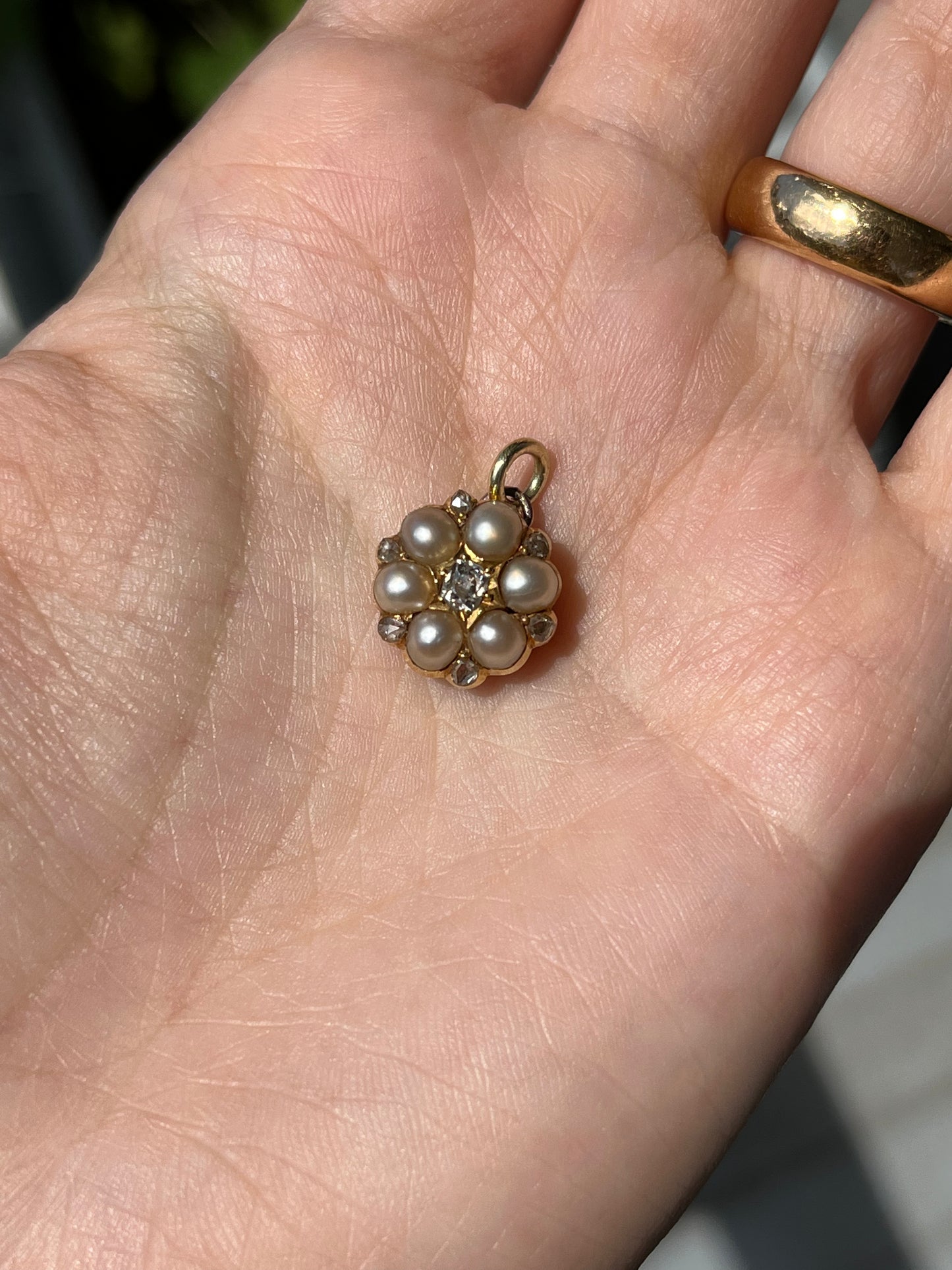 Natural Pearl and Old Cut Diamond Cluster Pendant