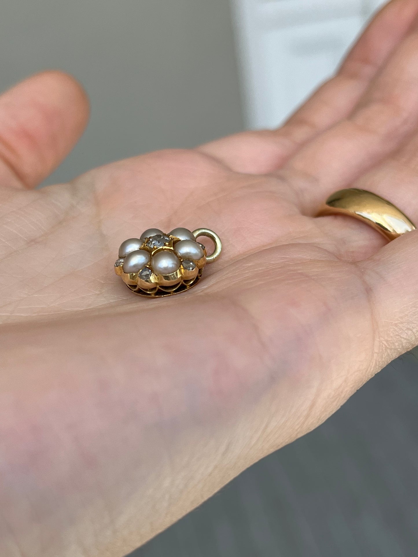 Natural Pearl and Old Cut Diamond Cluster Pendant