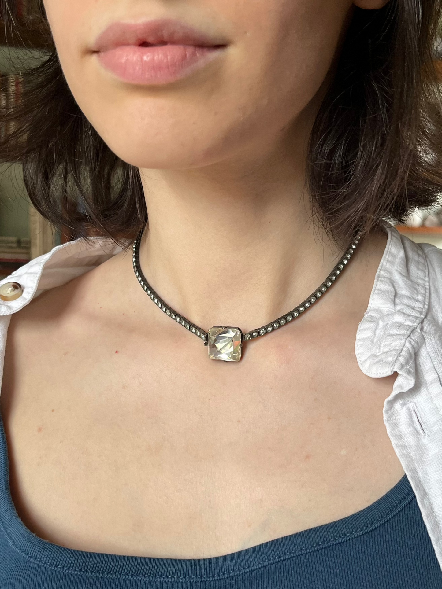 Art Deco Sterling and White Paste Choker Necklace with Pendant Clasp