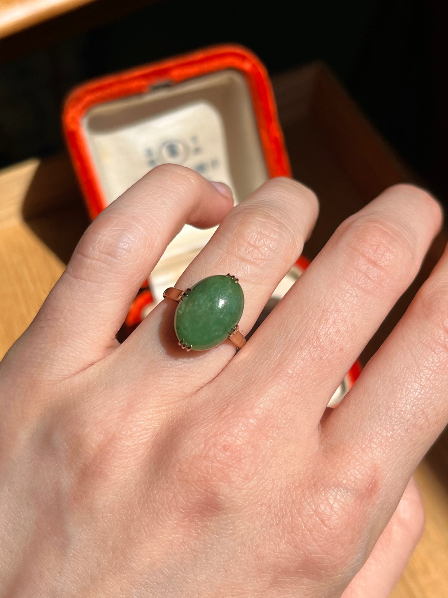Vintage Japanese 14K Rosy Yellow Gold Jade Cabochon Ring