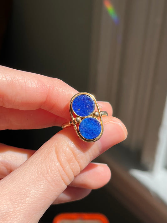 Vintage 14K Yellow Gold Double Lapis Plaque Ring