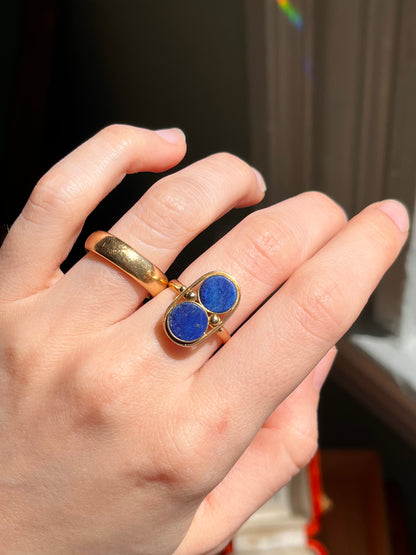 Vintage 14K Yellow Gold Double Lapis Plaque Ring