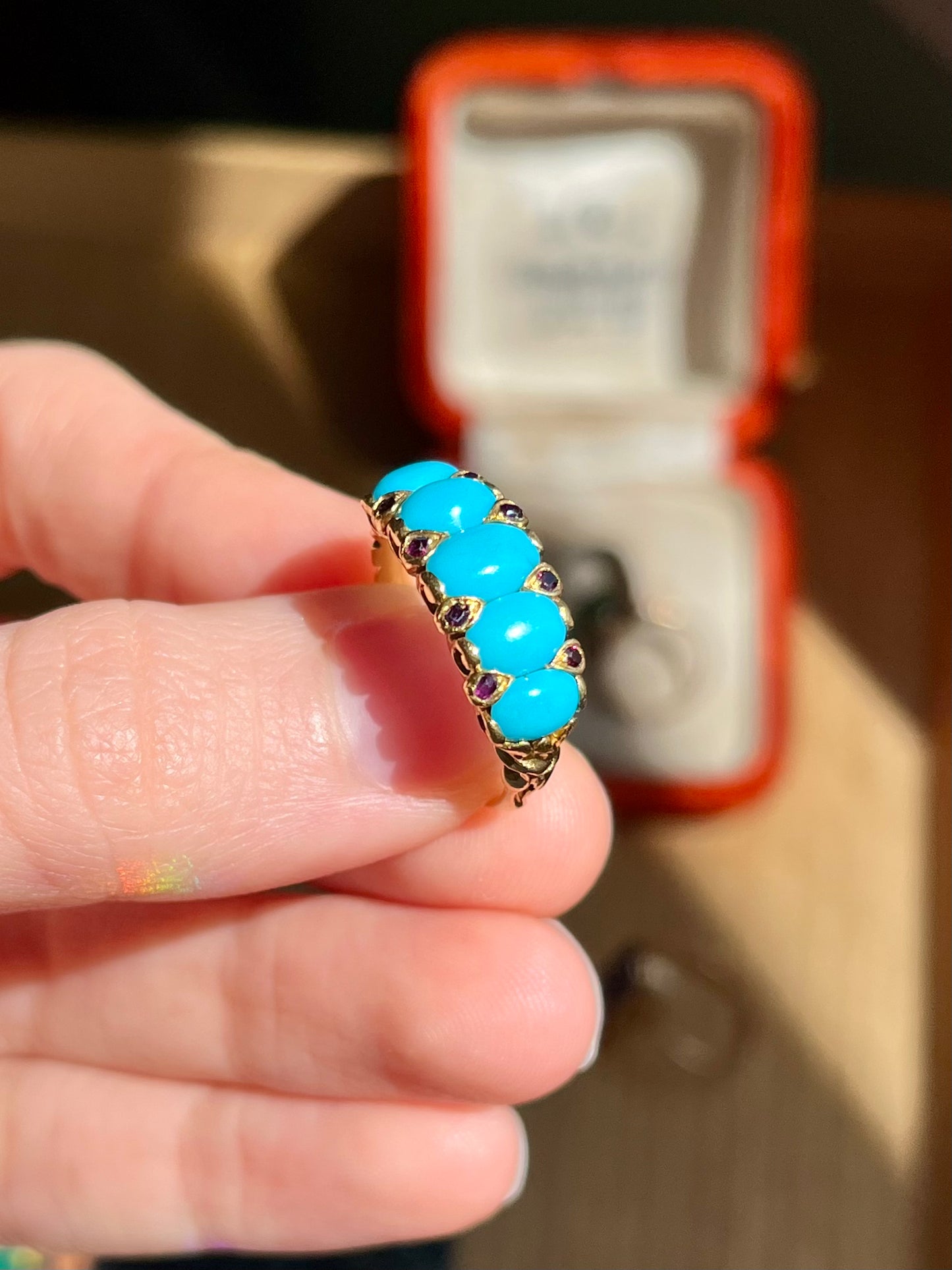 Antique Art Nouveau 18K and Turquoise Five Stone Ring with Rubies