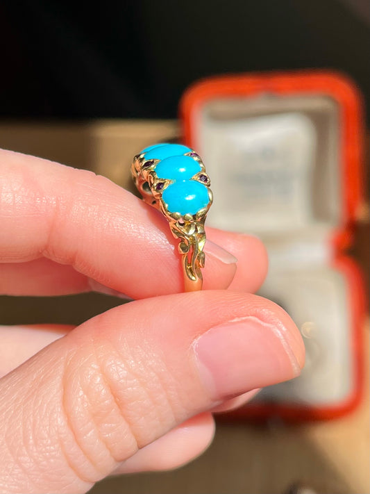 Antique Art Nouveau 18K and Turquoise Five Stone Ring with Rubies