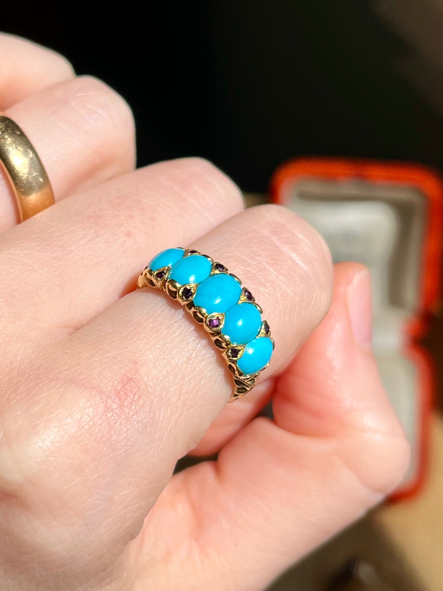 Antique Art Nouveau 18K and Turquoise Five Stone Ring with Rubies